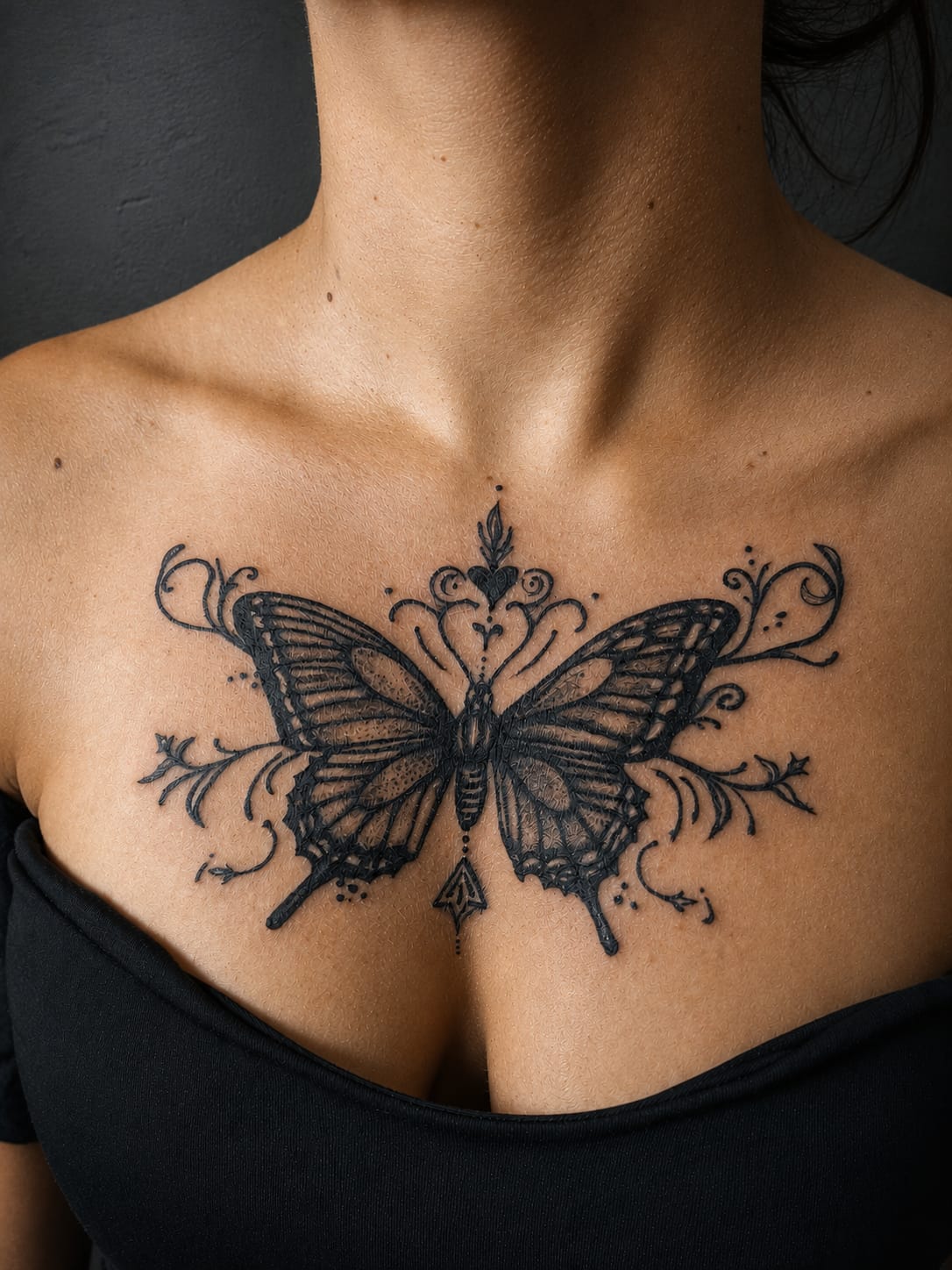 Tatuagem fine line de borboleta ornamental no peito