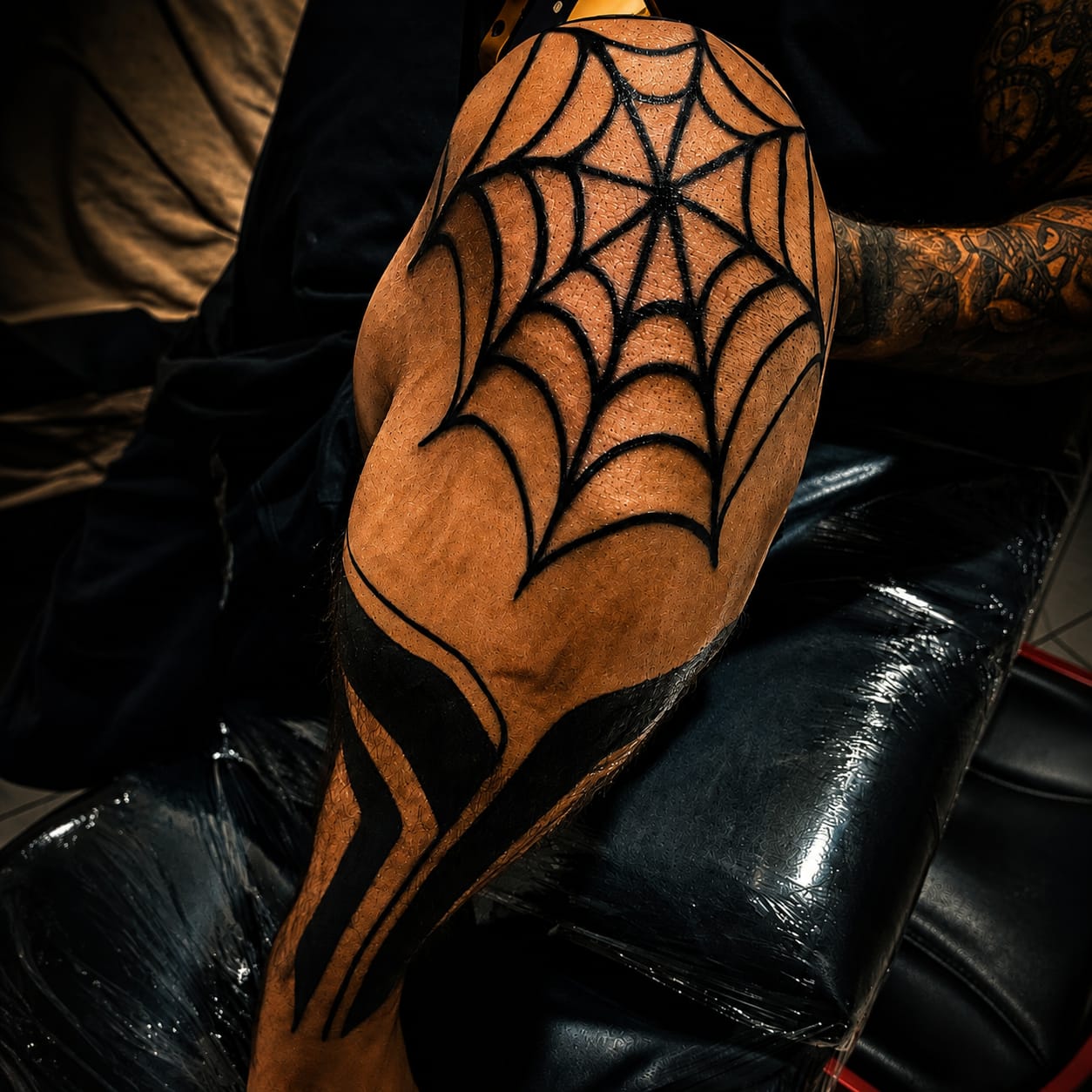 Tatuagem blackwork de teia de aranha na perna