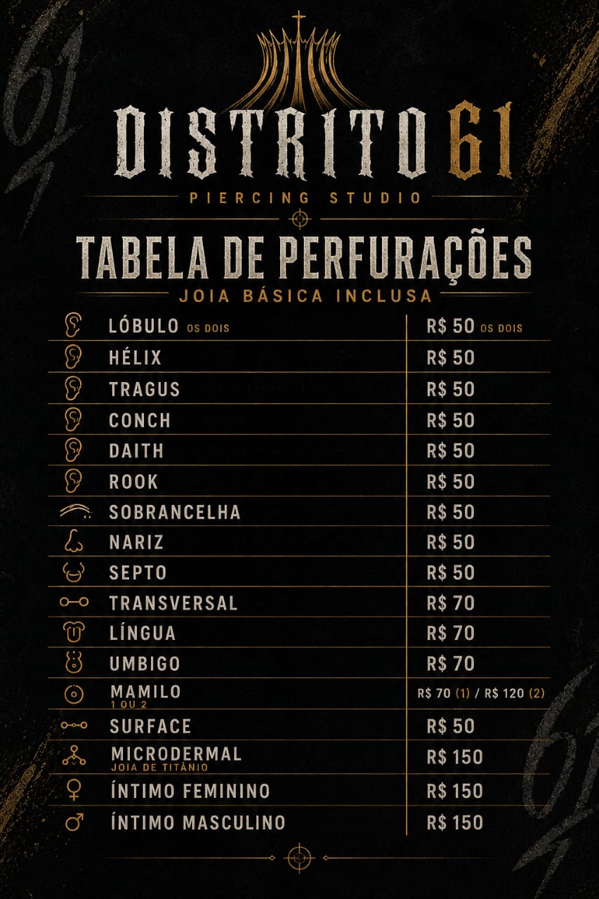 Tabela de preços de perfurações do Distrito 61 Piercing Studio